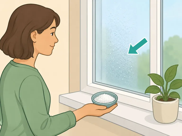 Person using coarse salt as a small moisture indicator near a window.