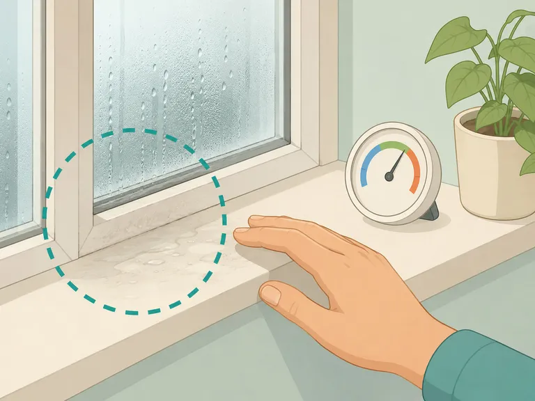 Hand checking a damp windowsill with a humidity gauge nearby.