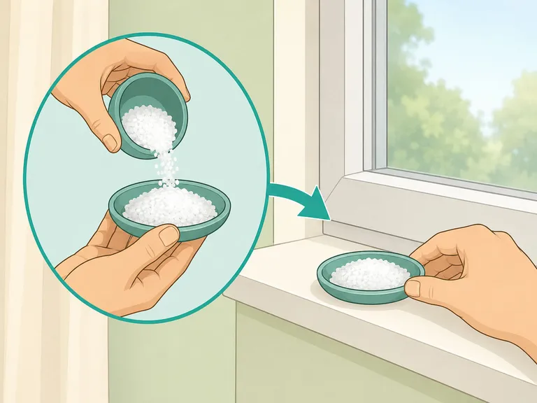 Hands putting coarse salt into a shallow dish for a windowsill.