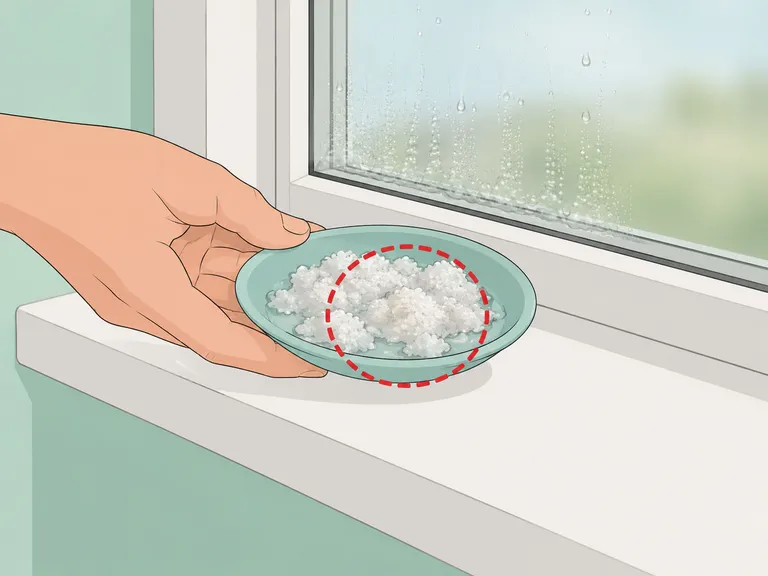 Person checking clumped damp salt on a windowsill dish.