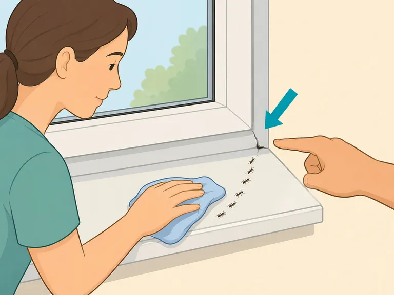 Person cleaning an ant trail and checking a window crack.