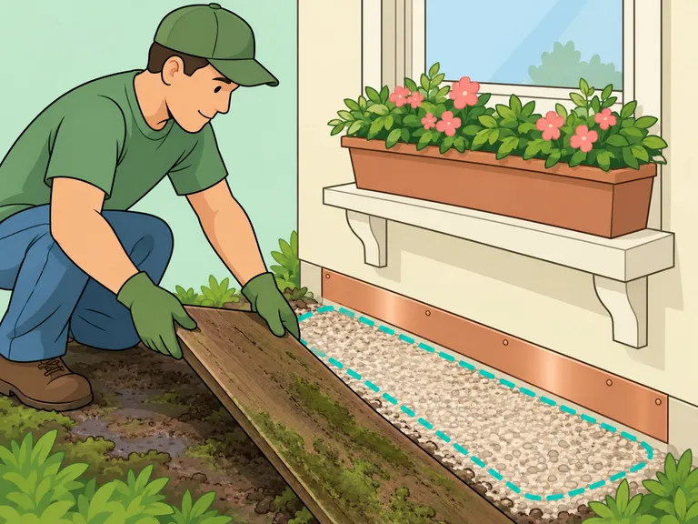 Gardener reducing damp hiding places and using a copper barrier for crawling pests.
