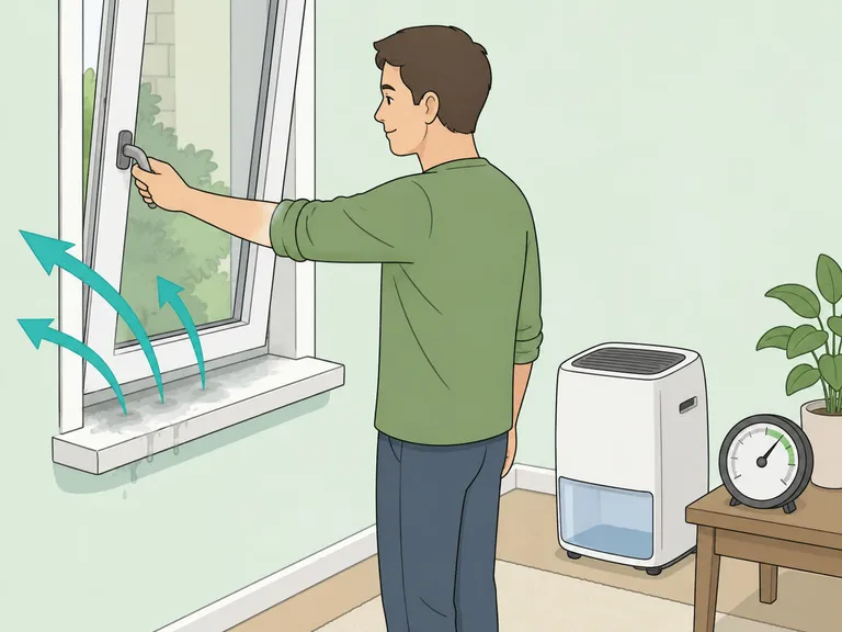 Person improving ventilation and monitoring humidity near a window.