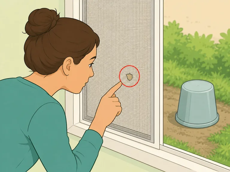 Person checking a window screen and removing water-holding items for mosquito prevention.