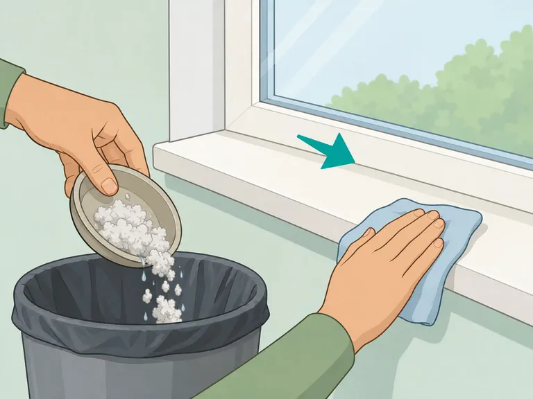 Hands throwing away damp salt and wiping a windowsill dry.