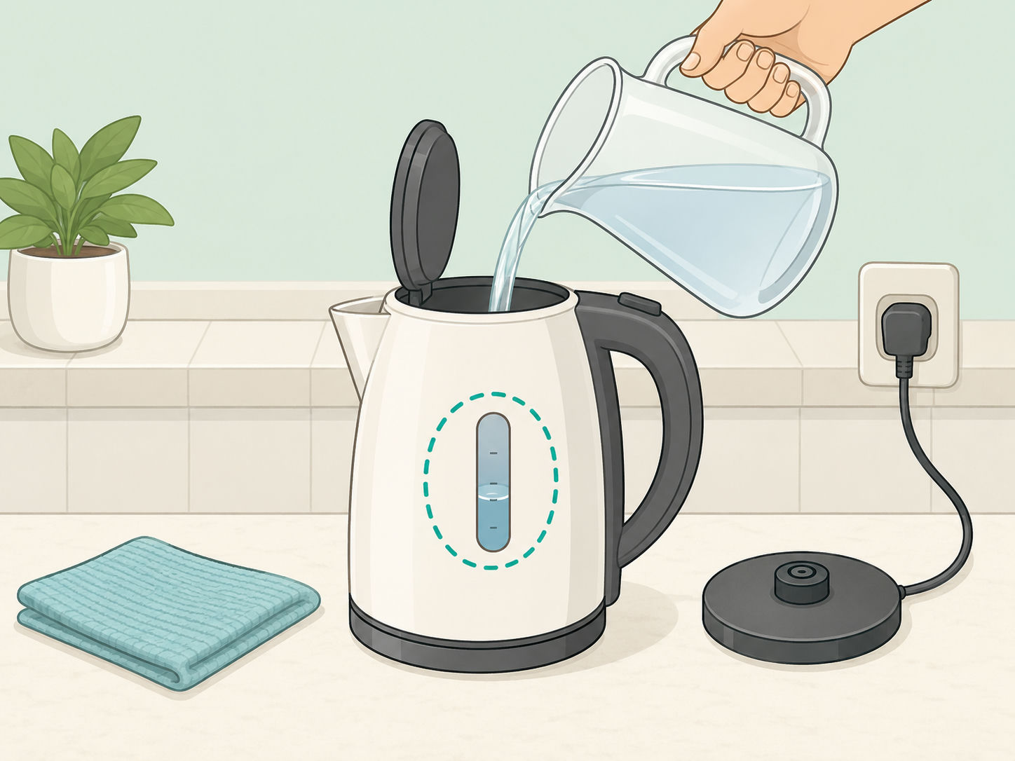 Illustration of an electric kettle being used safely with fresh water and a highlighted water level.