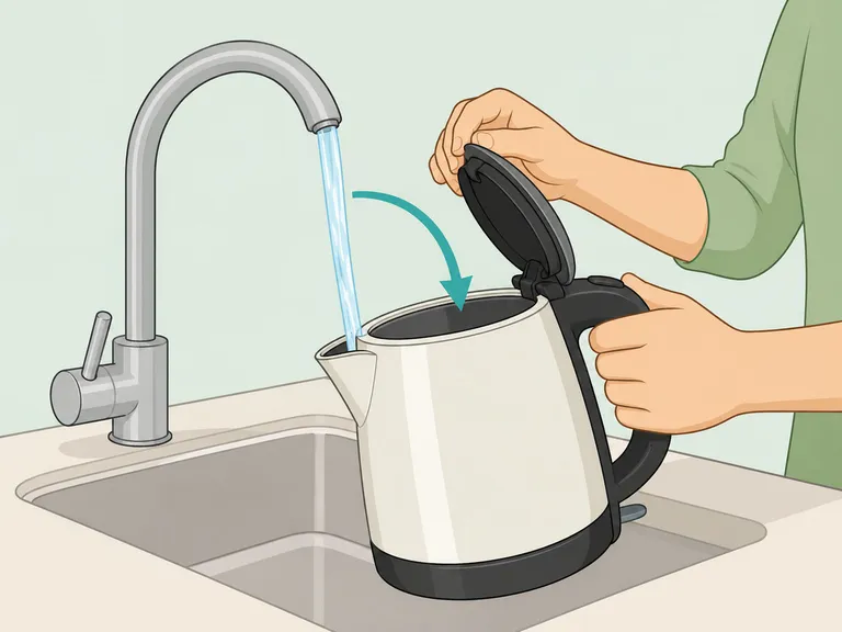 Hands filling an electric kettle with fresh cold tap water.