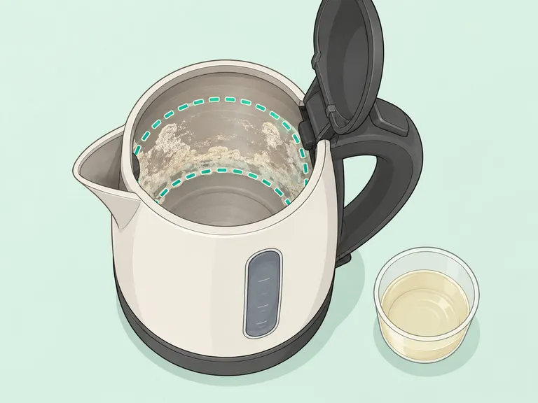 An electric kettle interior with limescale highlighted for descaling.