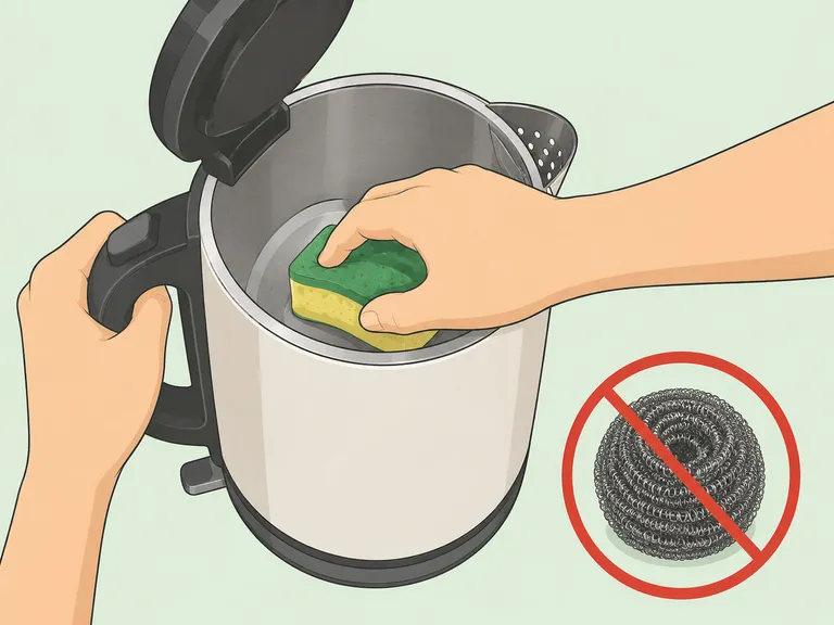 A soft sponge cleaning inside a kettle instead of an abrasive scrubber.