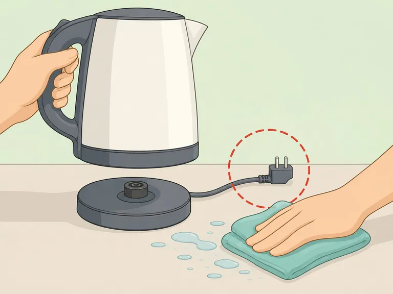 A dry kettle base and cord being kept away from spilled water.