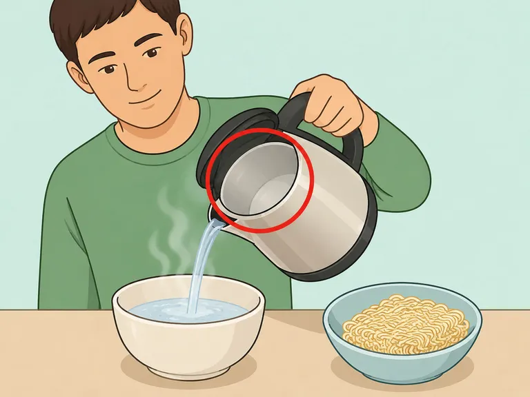 Boiled water being poured into a bowl instead of cooking food inside the kettle.
