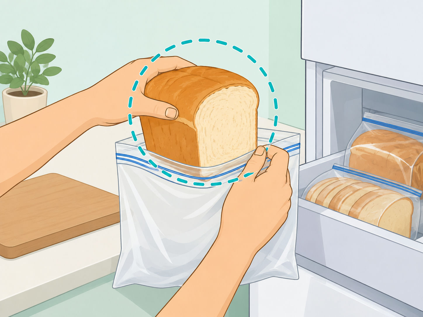 Hands placing a fresh loaf of bread into a freezer bag.