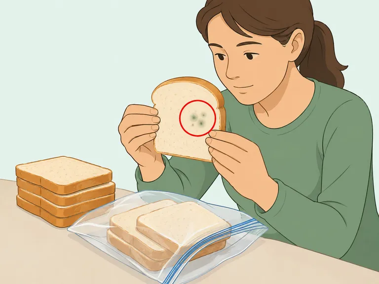 Person checking bread slices for mold before freezing.