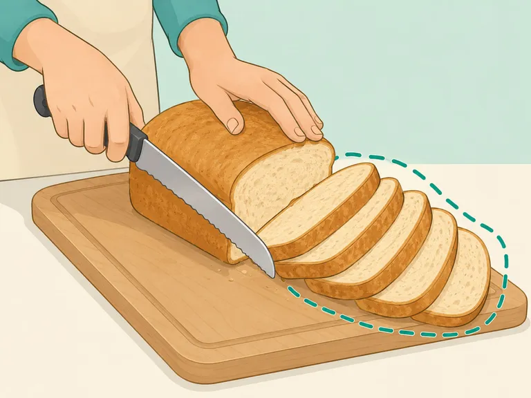 Hands slicing bread into portions before freezing.