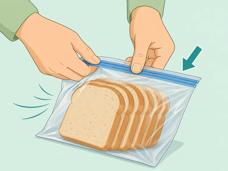 Hands sealing bread tightly in a freezer bag.