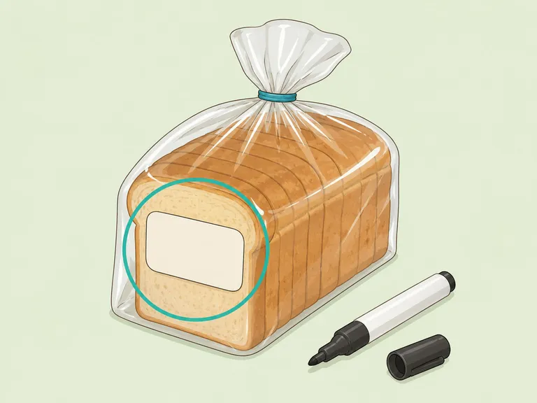 A sealed bread package being labeled before freezing.