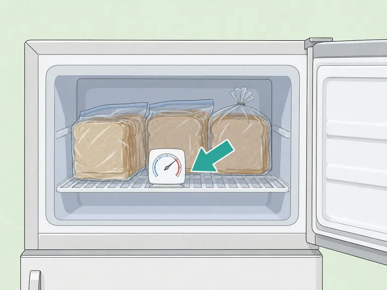 Wrapped bread stored in a cold freezer with a thermometer.