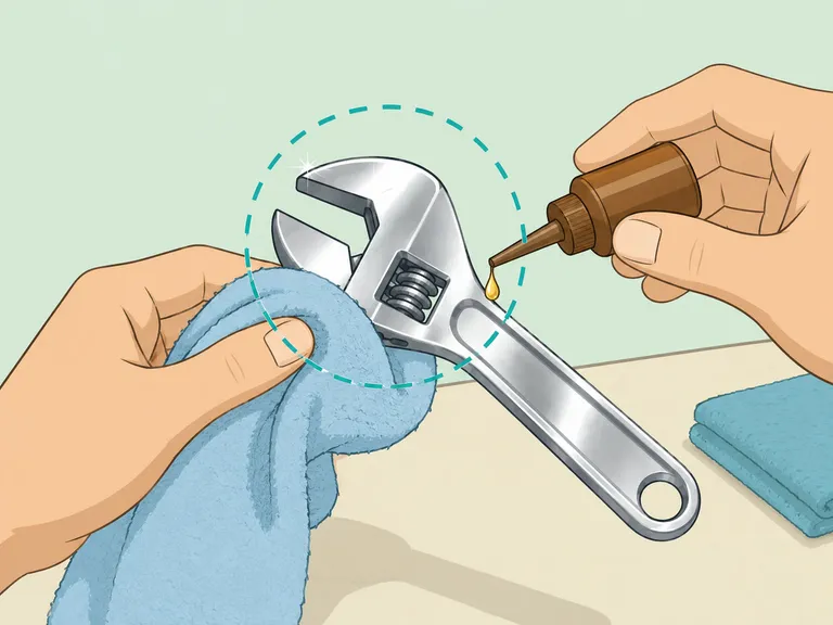 A cleaned metal tool being dried and protected after rust removal.