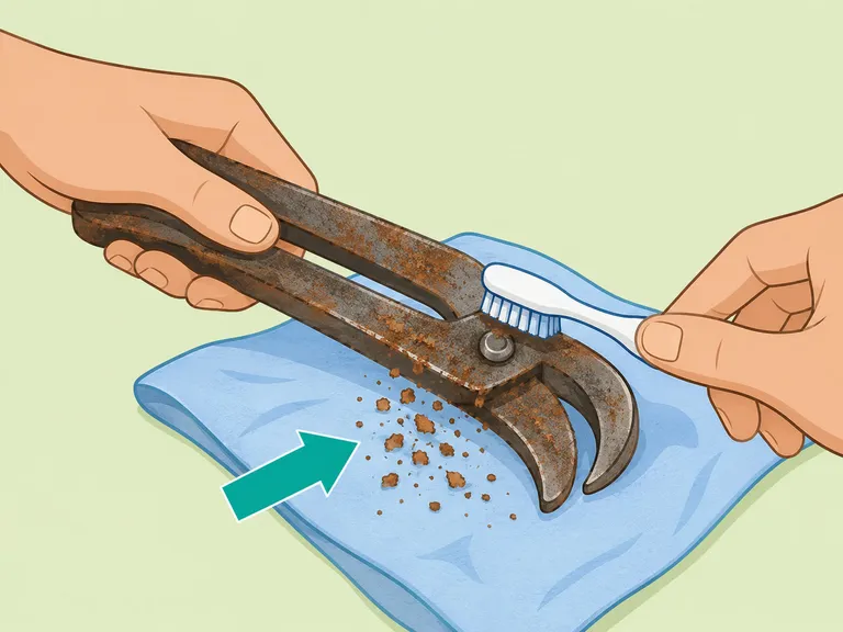 Hands brushing loose rust from a metal tool.