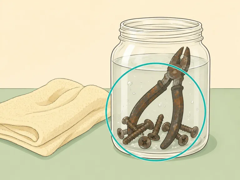 Small rusty metal items soaking in vinegar.