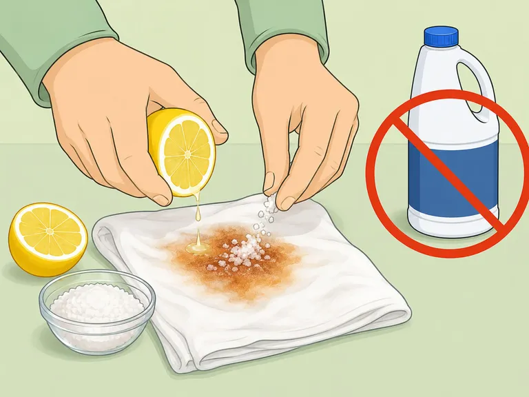 A rust stain on white fabric being treated without bleach.