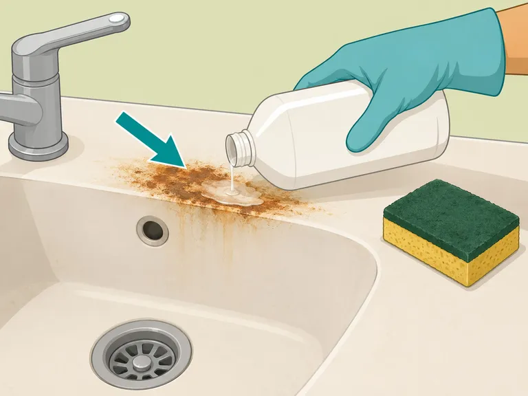 A gloved hand applying rust remover to a sink stain.
