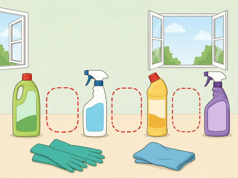 Cleaning products kept separate with gloves and ventilation.