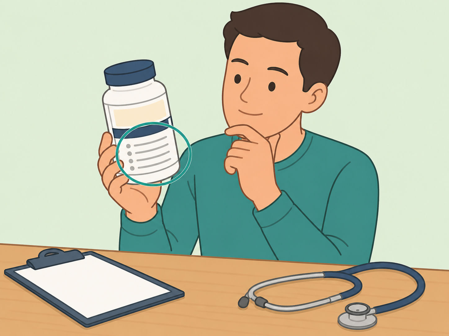 Person checking a supplement bottle and health notes before using a pain-relief product.