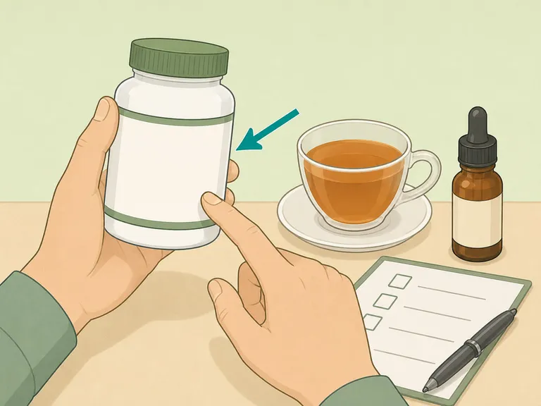 Hands checking the ingredient label and form of a supplement.