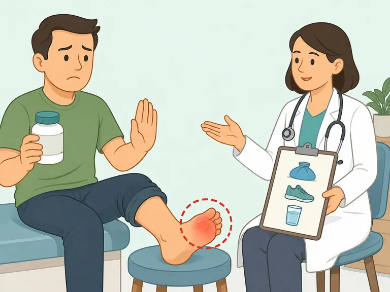 Person with gout-like toe pain choosing medical care instead of relying on a supplement.
