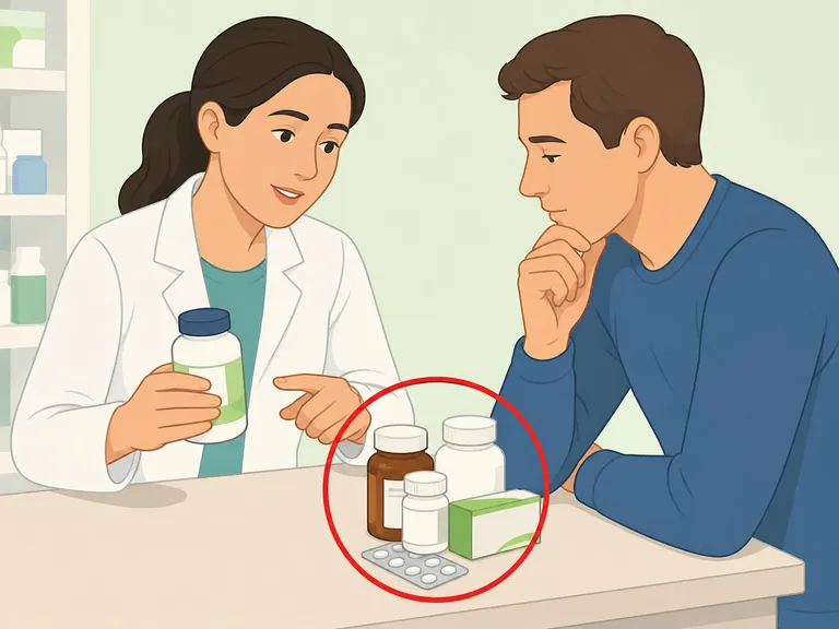 Patient checking supplement and medication risks with a pharmacist.