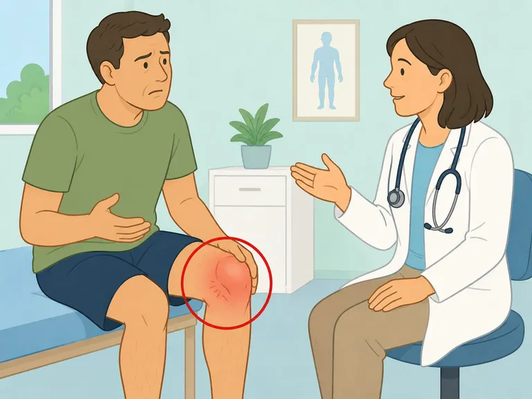 Person seeing a doctor for sudden severe swollen joint pain.
