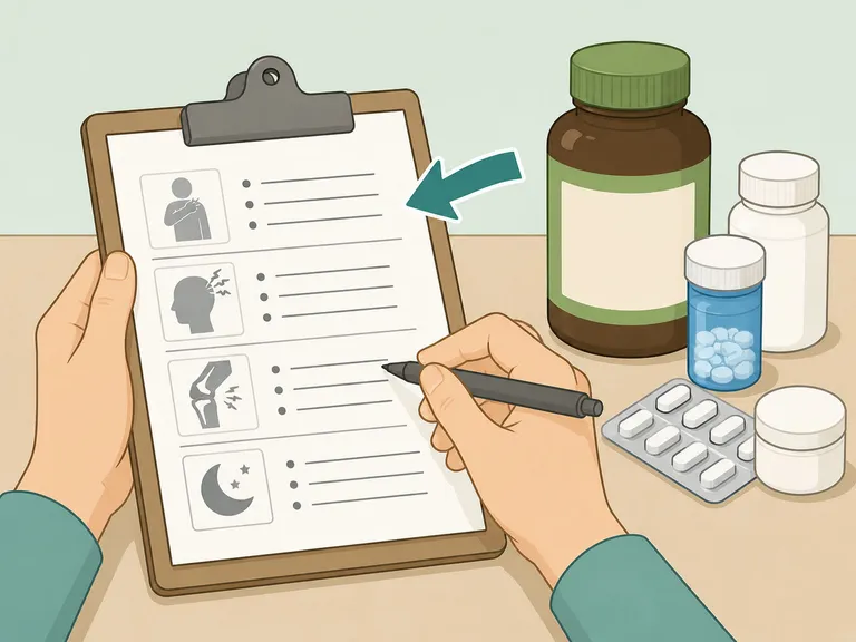 Person tracking pain symptoms and bringing a supplement label to an appointment.