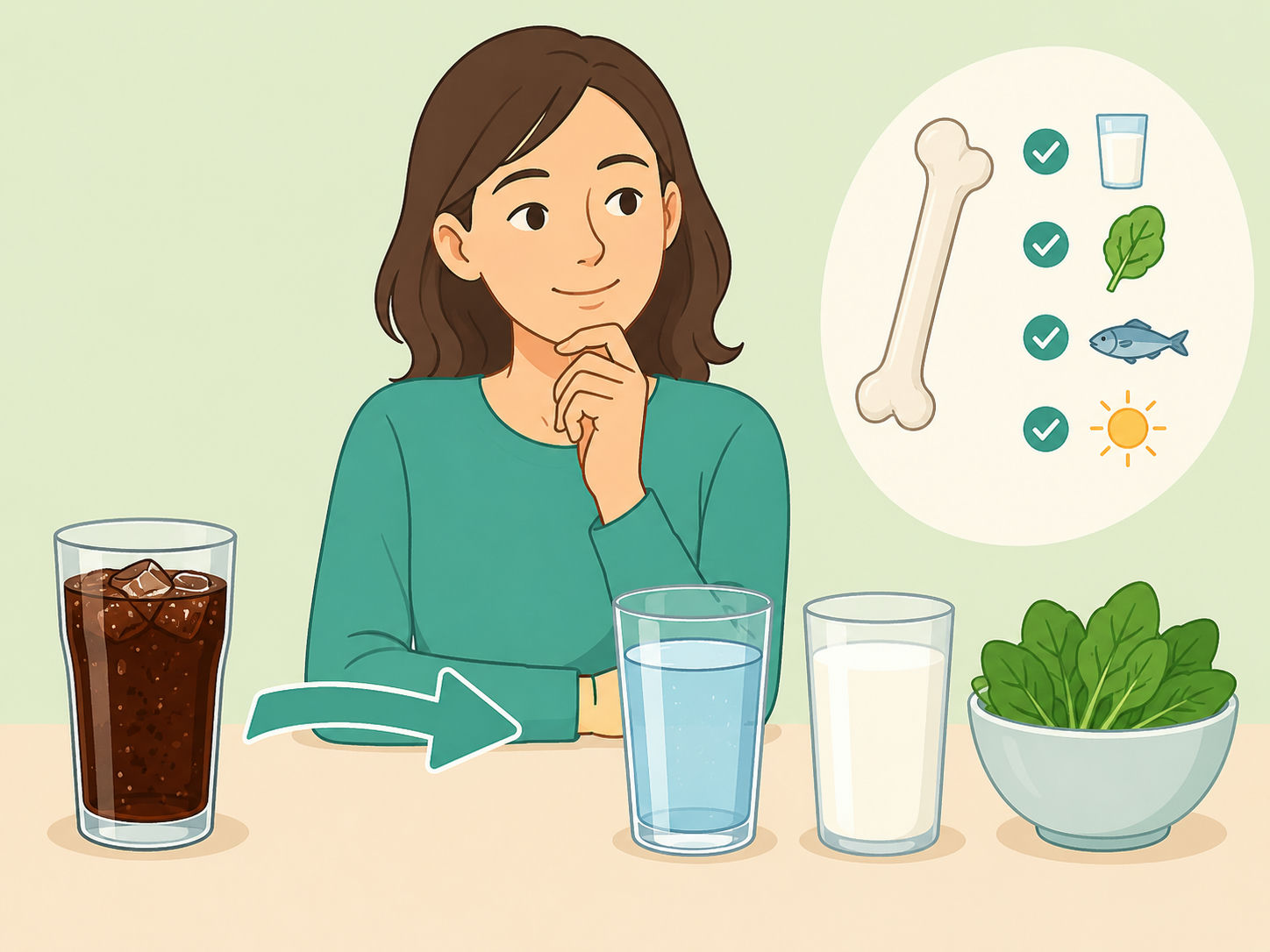 Illustration of a person choosing bone-friendly drinks instead of daily soda.