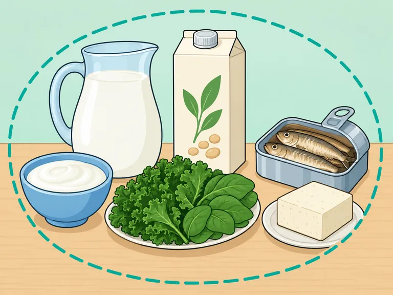 Calcium-rich foods and drinks arranged on a table.