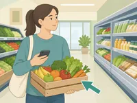 Shopper checking a discount produce crate in a supermarket.