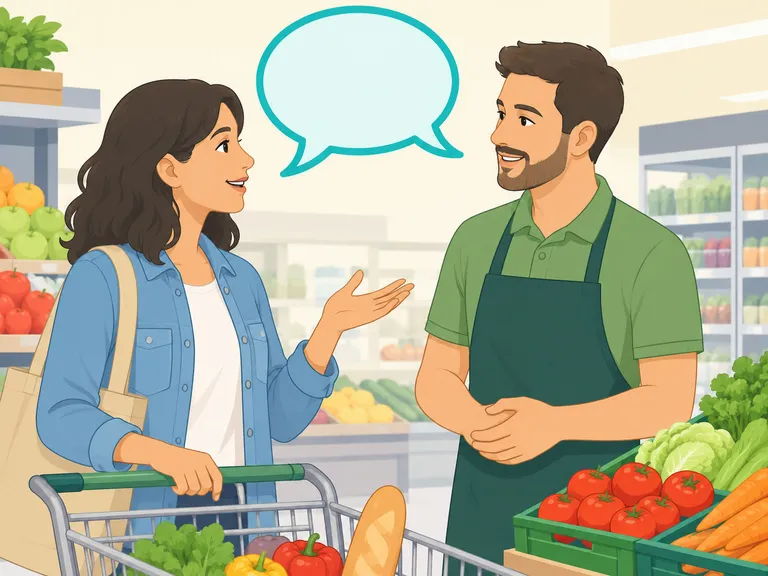 Shopper asking a staff member when discount produce crates are available.