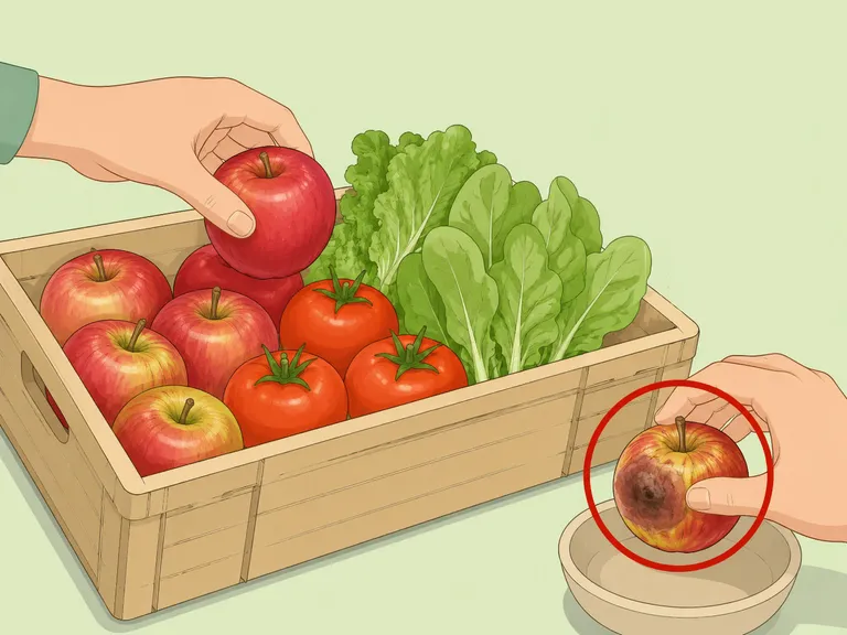 Hands inspecting a discount produce crate for spoiled items.