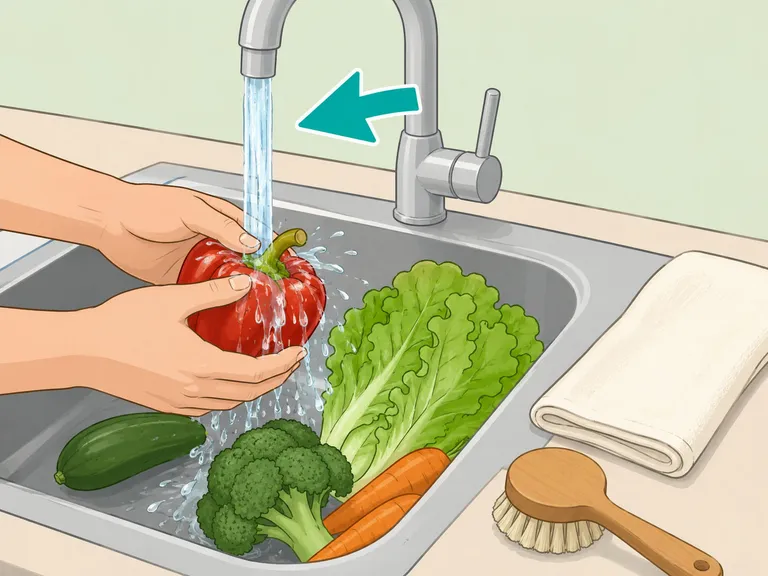 Hands washing produce under running water before preparing it.