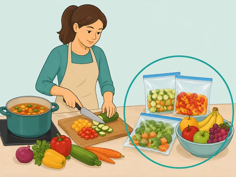 Person cooking and freezing surplus produce from a discount crate.