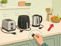 Illustration of small kitchen appliances unplugged on a clear counter to reduce fire risk.
