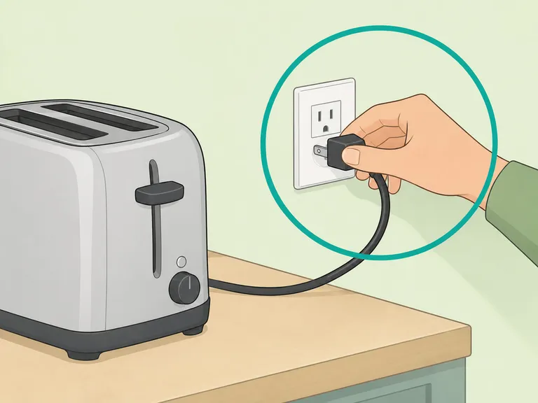 A hand unplugging a toaster from a wall outlet after use.
