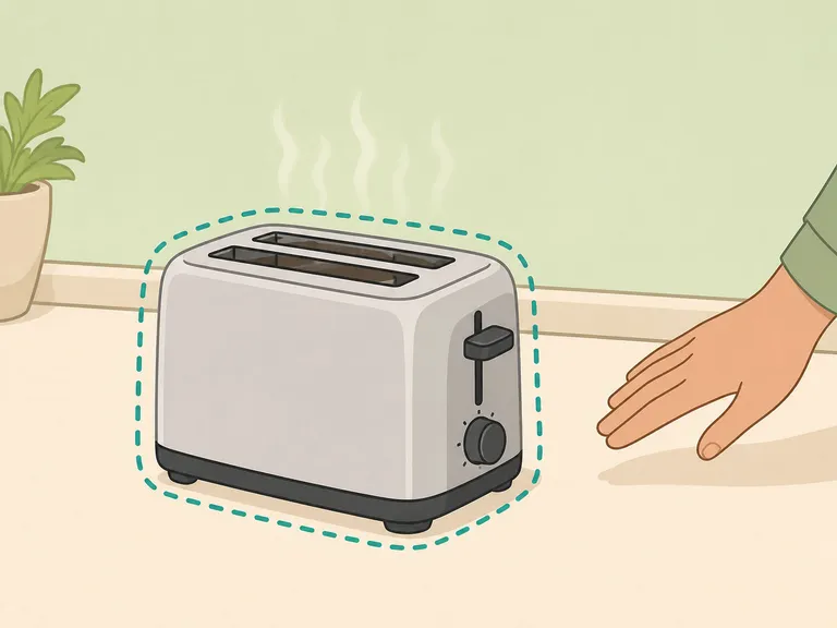 A toaster cooling on a clear counter before cleaning or storage.
