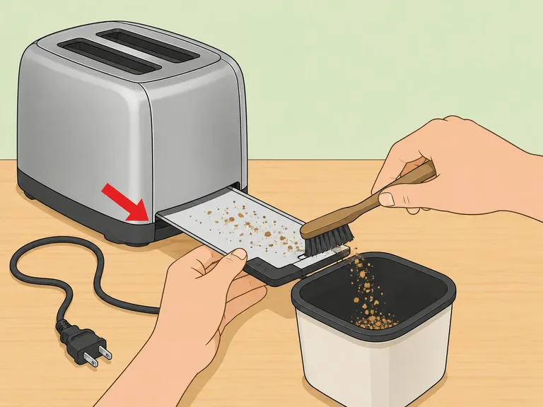 Hands emptying crumbs from an unplugged toaster tray.