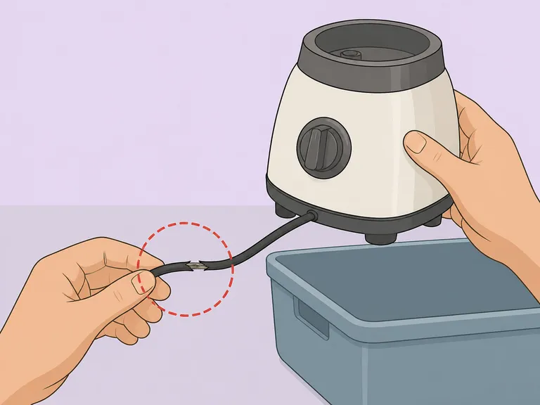 Hands checking a kitchen appliance cord for damage.