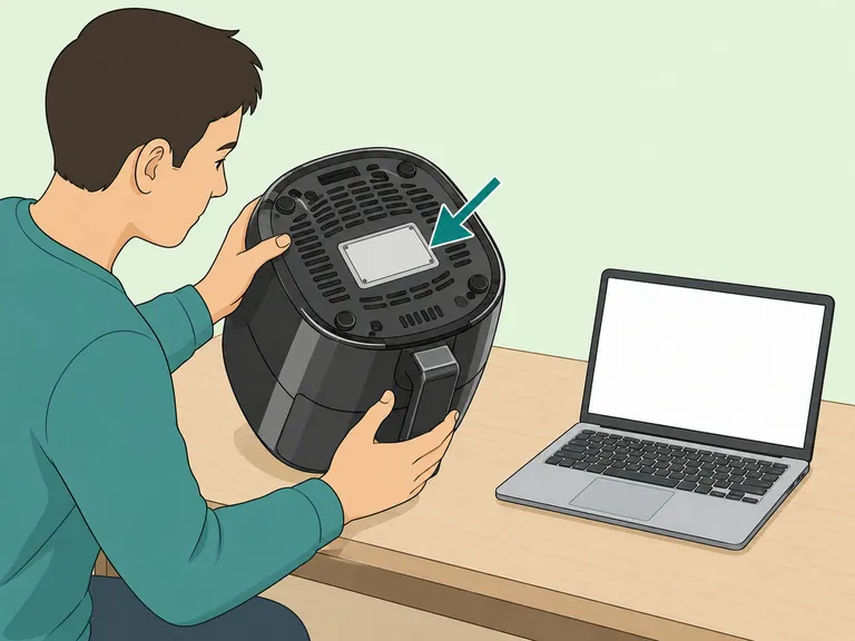A person checking the model label on an air fryer for recall information.