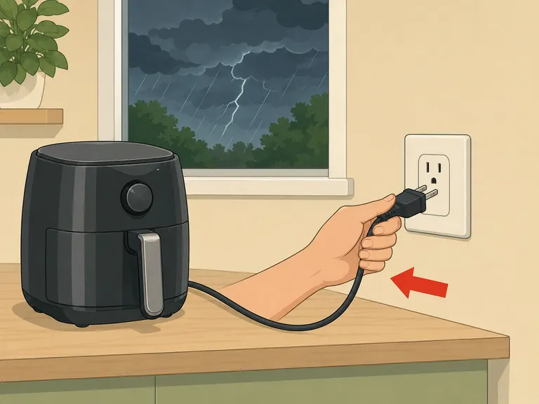 A hand unplugging a kitchen appliance before a thunderstorm.