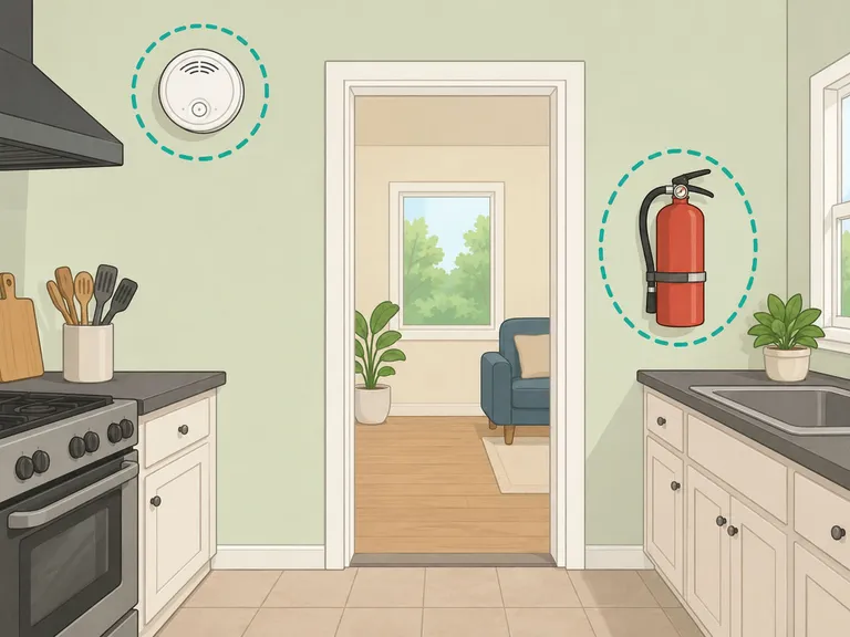 A kitchen prepared with a smoke alarm, fire extinguisher, and clear exit.