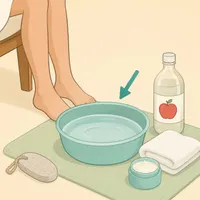 Illustration of a safe diluted vinegar foot soak setup with a basin, towel, and moisturizer.