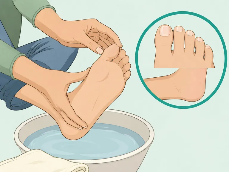 Hands checking foot skin and nails before preparing a vinegar foot soak.
